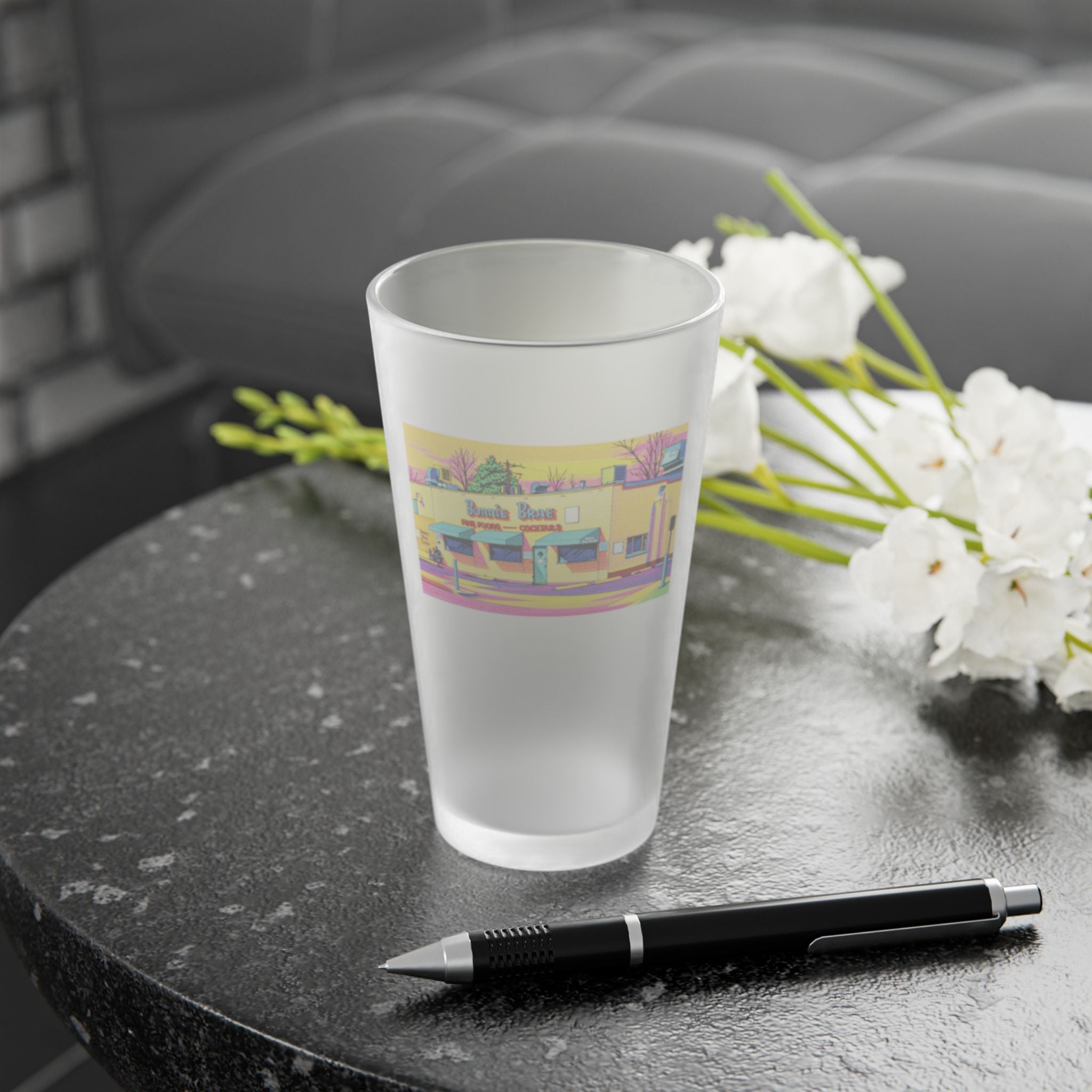 Bonnie Brae Tavern - comic pop art style Frosted Pint Glass 16oz