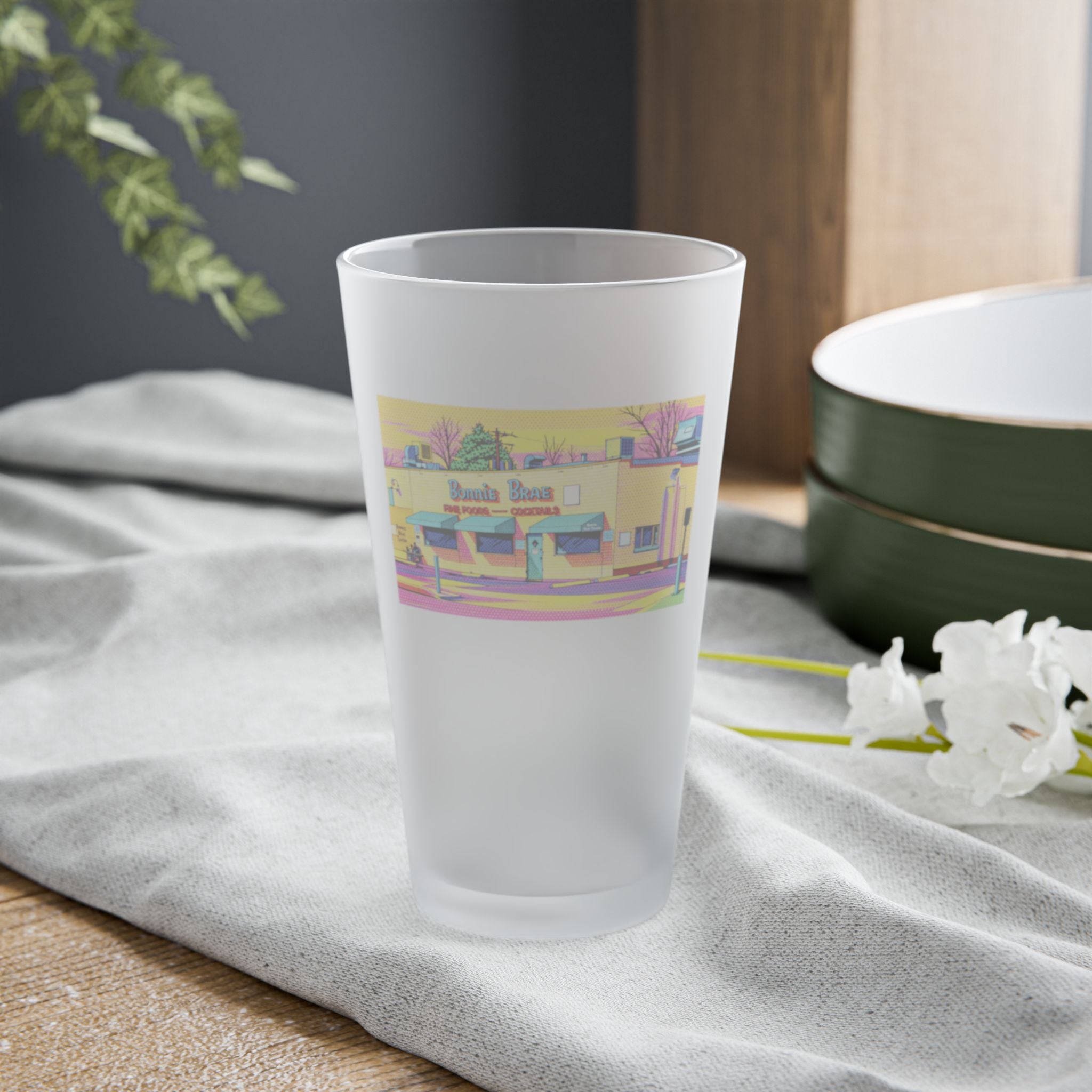 Bonnie Brae Tavern - comic pop art style Frosted Pint Glass 16oz