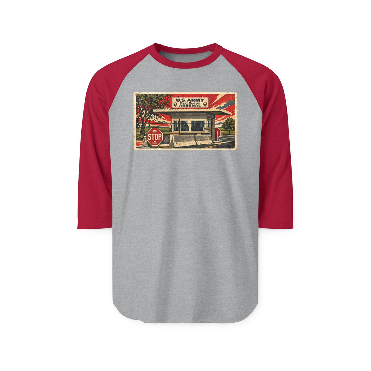 ROCKY MOUNTAIN ARSENAL comics style | Retro Baseball Tee