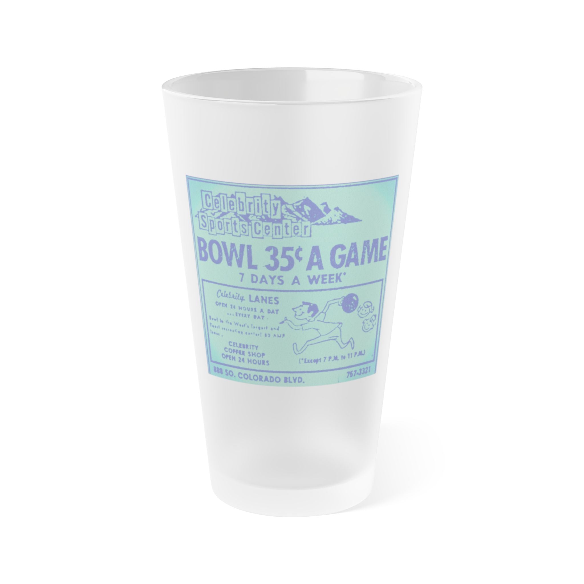 Celebrity Sports Bowling 70s ad | Frosted Pint Glass 16oz