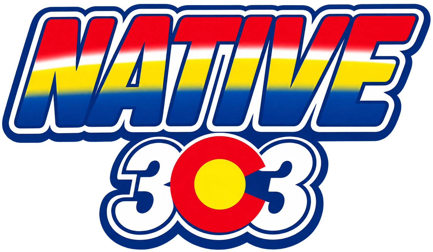 A bold graphic logo reading "NATIVE 303" with the word "NATIVE" filled with red, white, and blue horizontal stripes and the number "303" below in white with blue outlines. The "O" is replaced by a red circle with a yellow center, resembling the Colorado state flag.